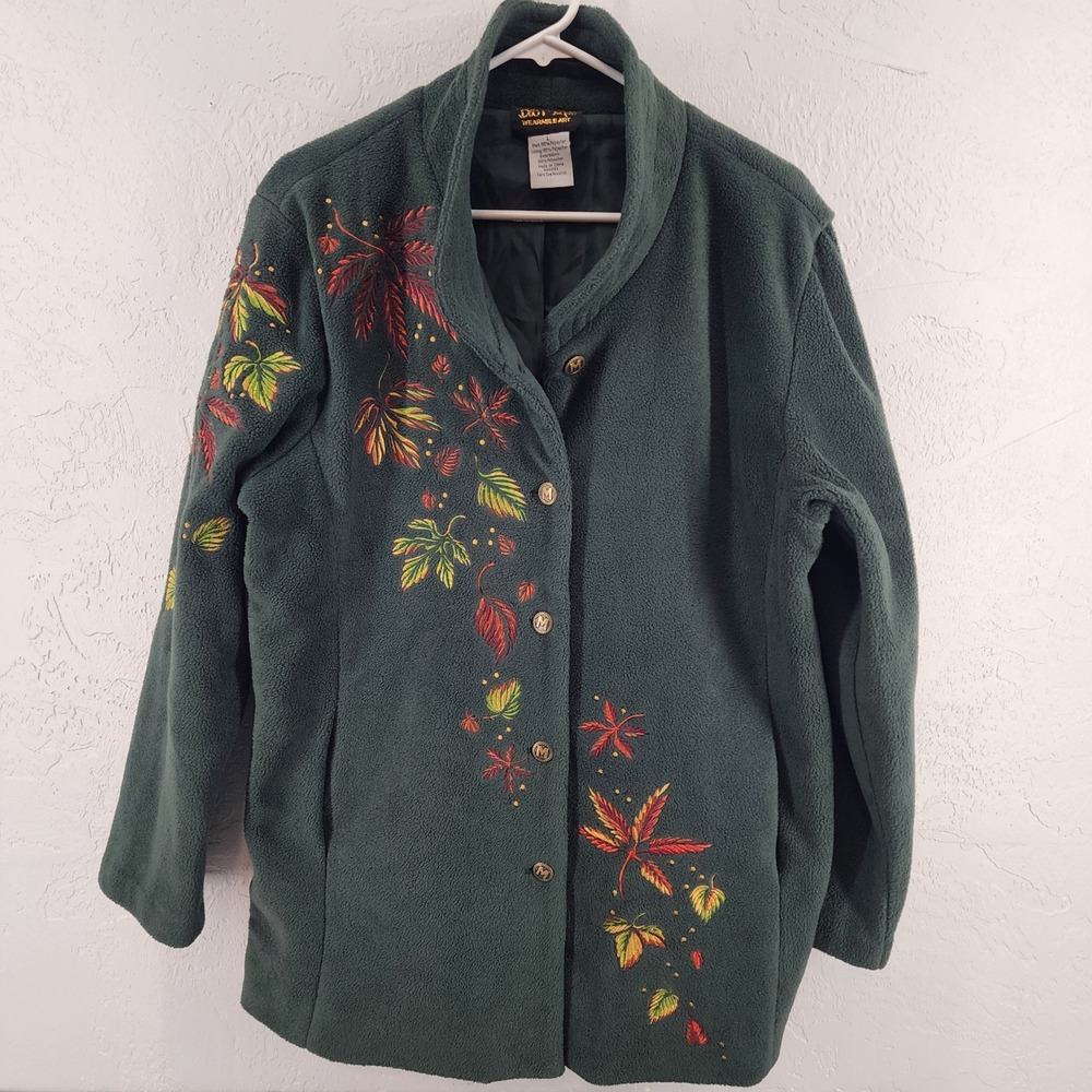 Bob Mackie Wearable Art Hunter Green Embroidered Leaf Fleece Jacket Womens Large